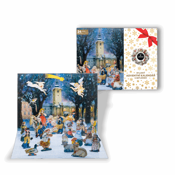 LEROS Bylinný adventní kalendář (24 nálev. sáčků) - Betlém - malované figurky a jmenovky na dárky