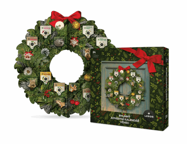 LEROS Bylinný adventní kalendář (24 nálev. sáčků) - Věnec - 3 sady vánočních dekorací uvnitř